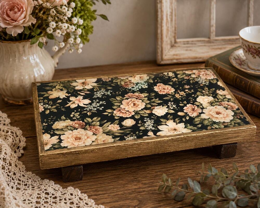 Cottagecore Wood Riser, Floral Decoupage, Vintage Style (Approx. 9"x6")